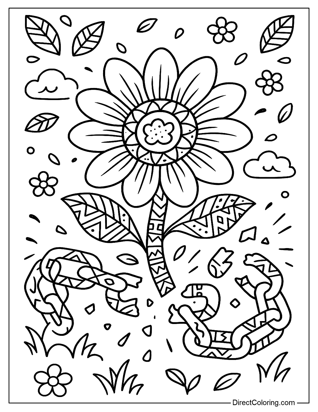 Coloring page of a large flower blooming from broken chains, symbolizing new beginnings